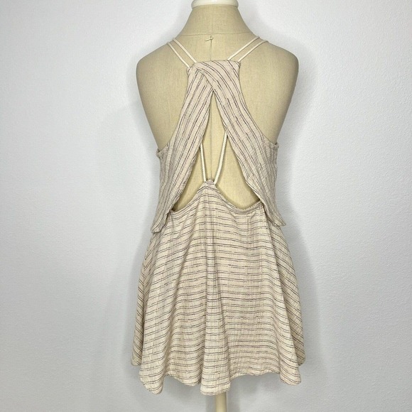 Free People Novelty Ivory Blue Striped Linen Sleeveless Open Back Mini Dress - Picture 8 of 14
